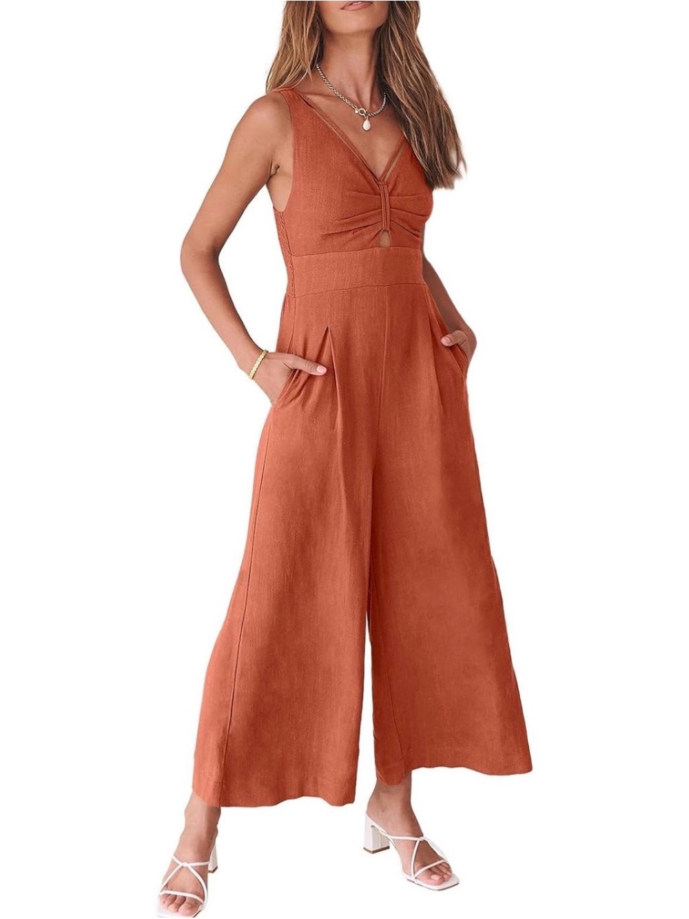 NWOT Sleeveless Rust Wide-Leg Jumpsuit with V-Neck